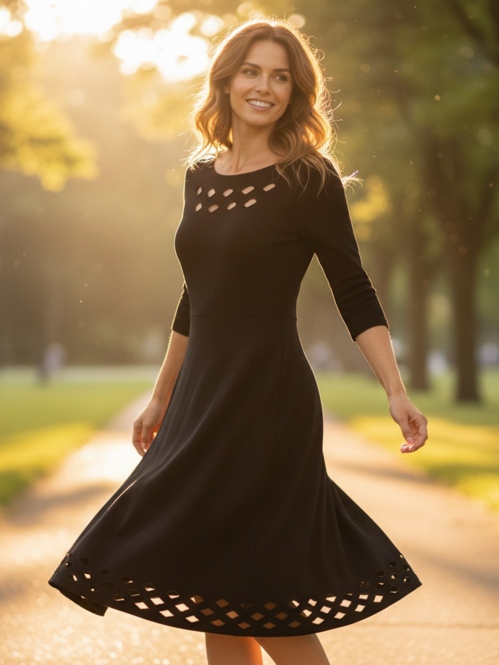 NIC & ZOE Time Out Twirl Black Onyx Fit & Flare Midi 3/4 Sleeve Dress Medium